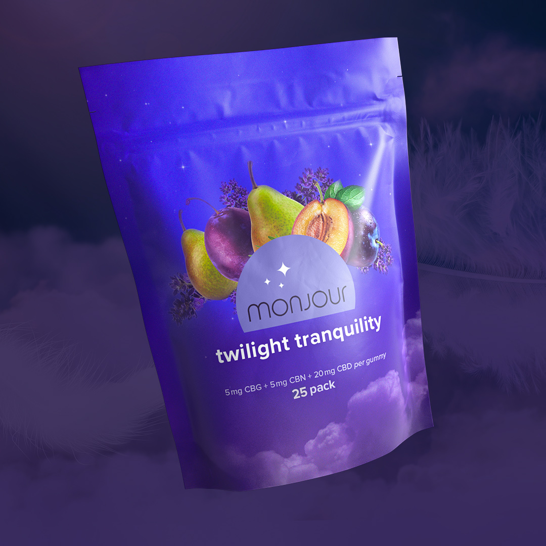 A purple package of Monjour Twilight Tranquility.