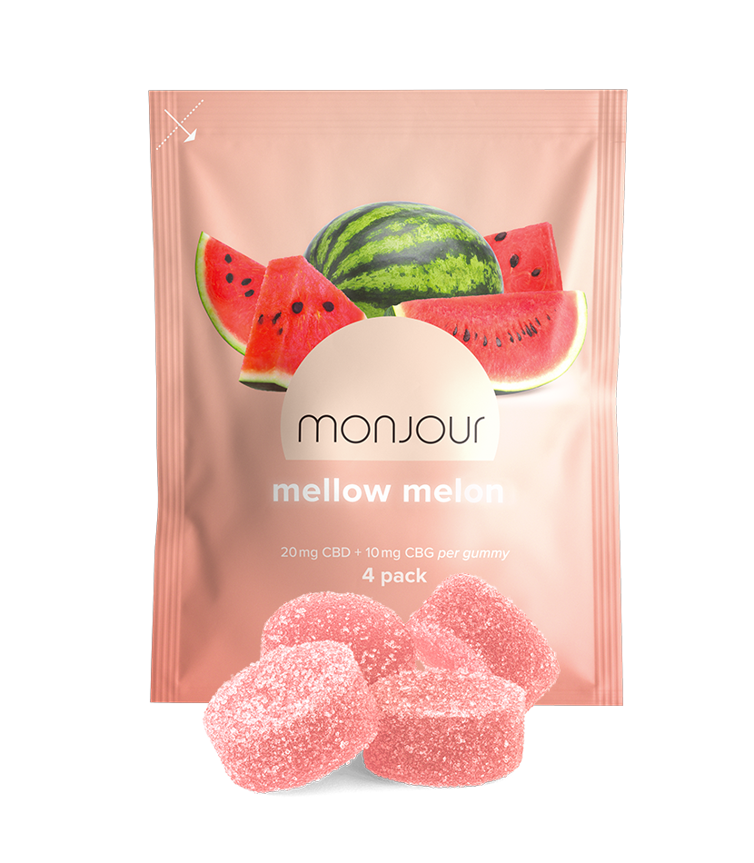 A light peach pouch of Monjour Mellow Melon with four gummies.