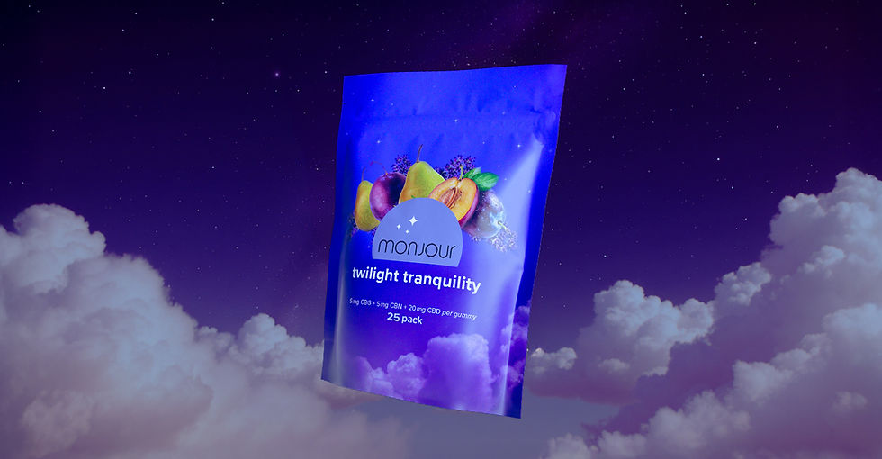 A package of purple Monjour Twilight Tranquility floating in the clouds of a twilight sky.