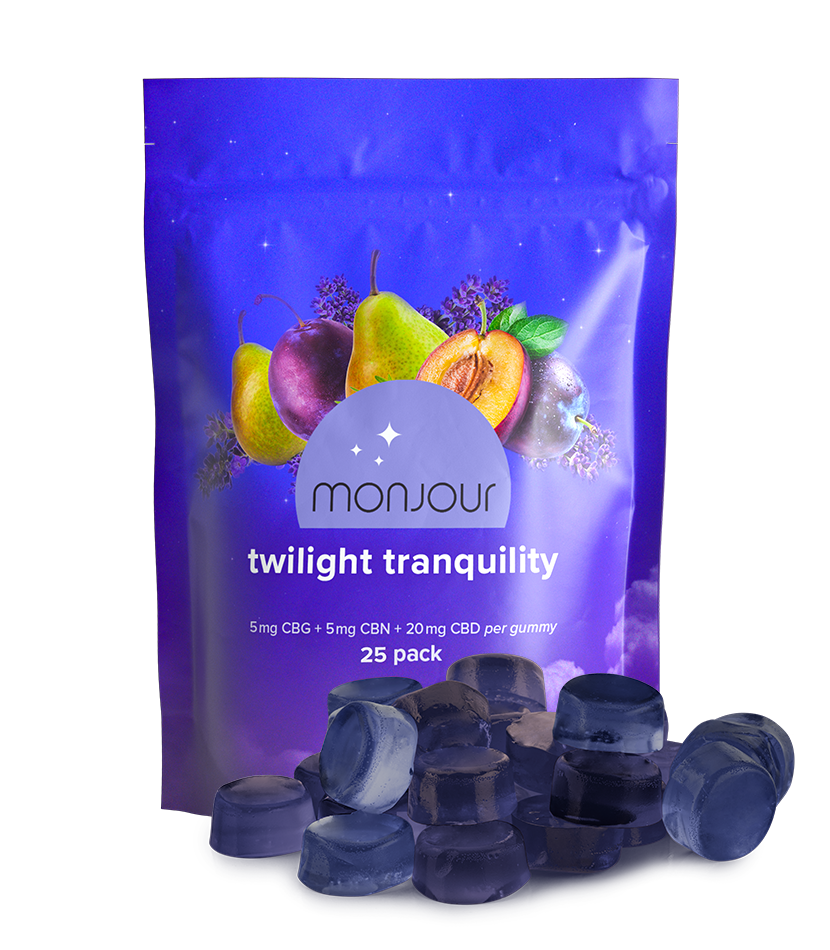 A purple pouch of Monjour Twilight Tranquility with a pile of gummies.