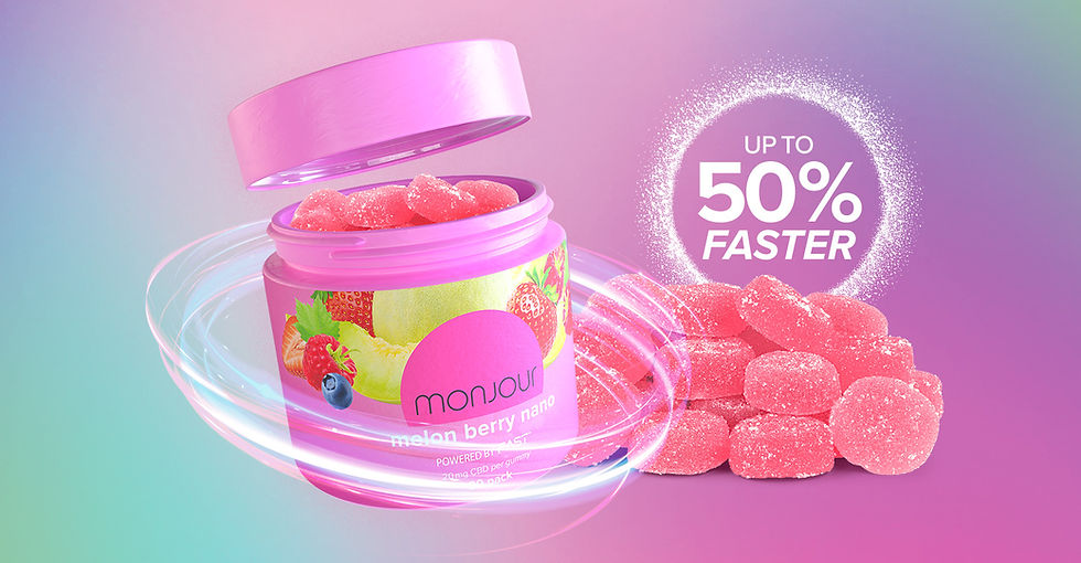 A pink jar of Monjour Melon Berry Nano with the words "Up to 50% Faster" beside it, and a pile of pink gummies.