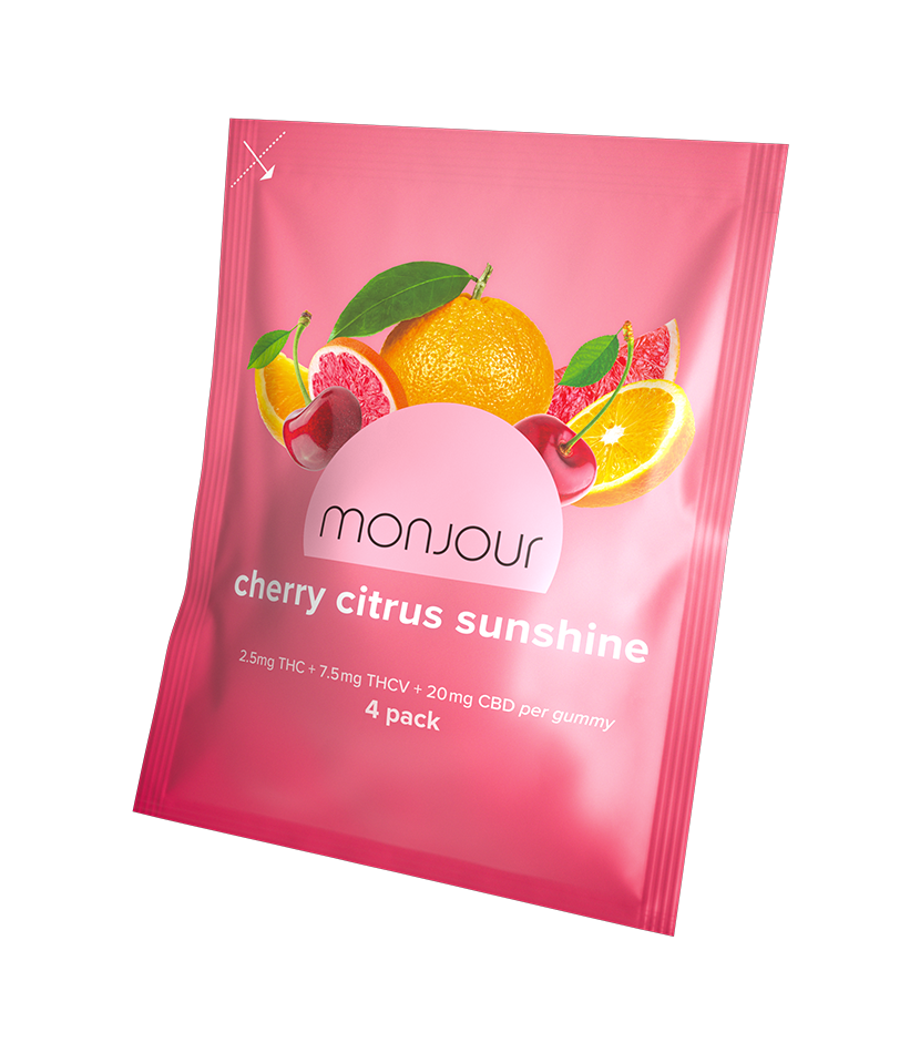 A pink pouch of Monjour Cherry Citrus Sunshine.