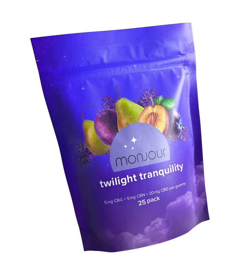 A purple pouch of Monjour Twilight Tranquility.