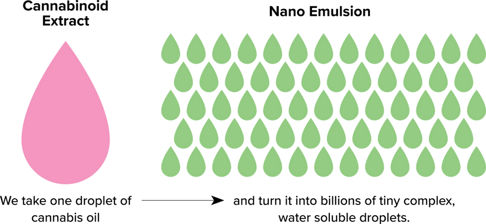 A graphic explaining nano emulsion. It shows one droplet of cannabis oil, which is the cannabinoid extract, being split into billions of water soluble droplets, which is the nano emulsion.