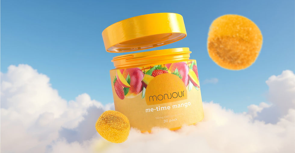 A yellow jar of Monjour Me-Time Mango floating in the clouds of a blue sky.