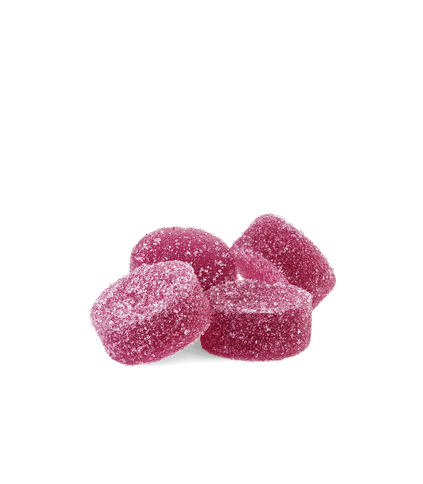 Four dark pink gummies.