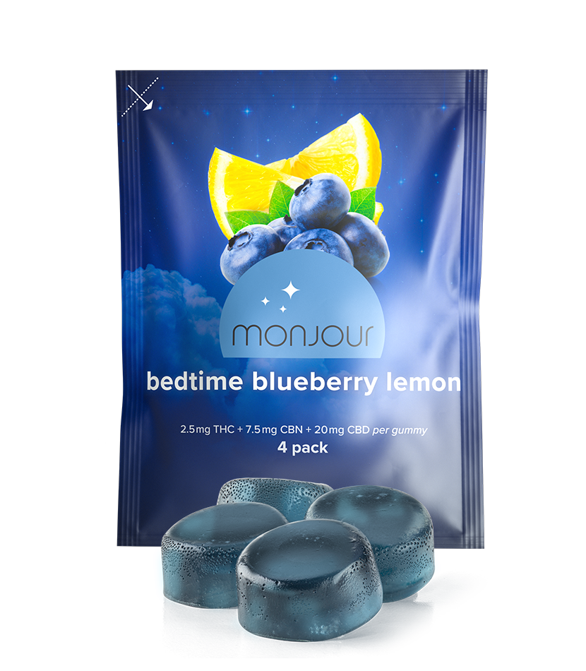 A dark blue pouch of Monjour CBN Bedtime Blueberry with four gummies.