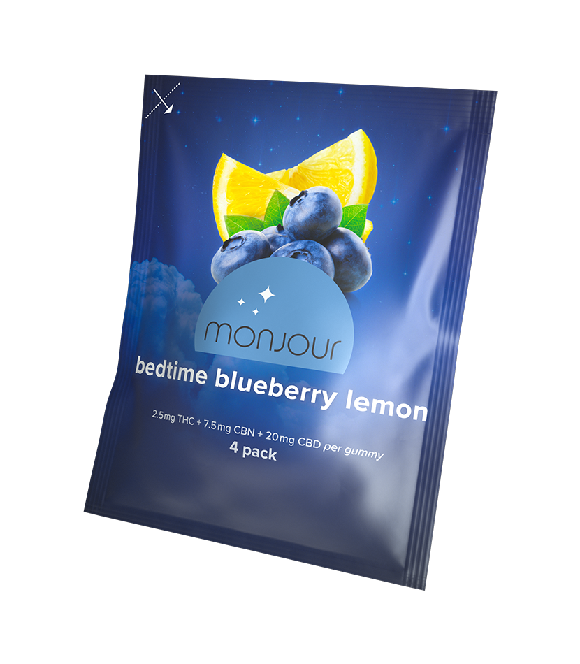 A dark blue pouch of Monjour CBN Bedtime Blueberry.