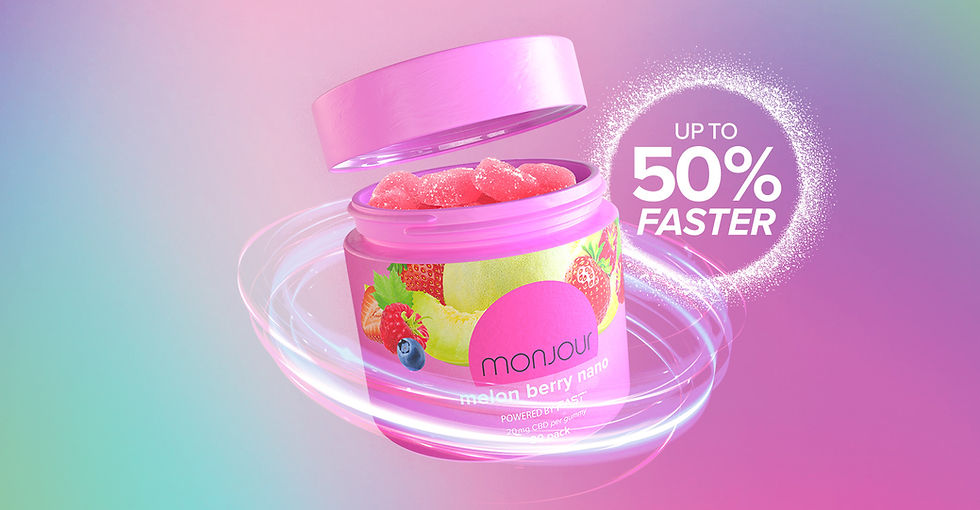 A pink jar of Monjour Melon Berry Nano with the words "Up to 50% Faster" beside it.